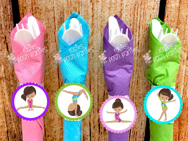 Gymnastics Birthday Theme | Gymnastics Party Decoration | Gym Birthday Party | Brown Hair Theme | Gymnast Utensils Favor | SET OF 12
