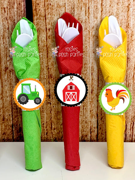 Farm Birthday Theme | Farm Party | Farm Theme Wrapped Utensils | Farm Party Decoration | Barnyard Party | Barn Horse Cow Tractor SET OF 12