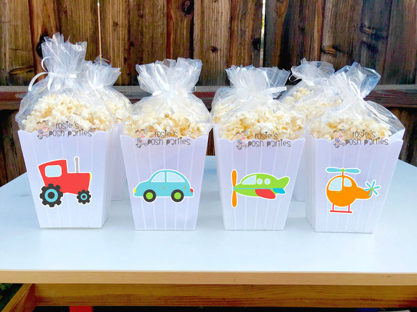 Transportation Birthday Theme | Transportation Favors | Popcorn Bin Favors | Transportation Favors Truck Helicopter Airplane Car SET OF 12