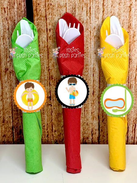 Pool Party Theme | Pool Birthday Party | Summer Party | Pool Party Decoration | Napkin Wrapped Utensil | Pool Party Favors | Pool SET OF 12