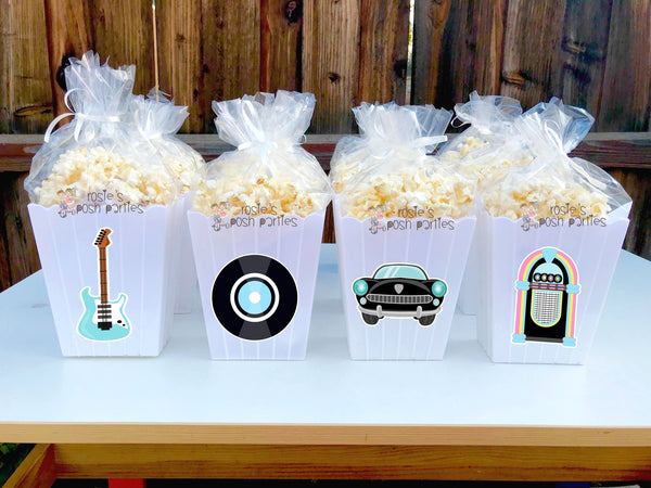50s birthday theme popcorn favor bins