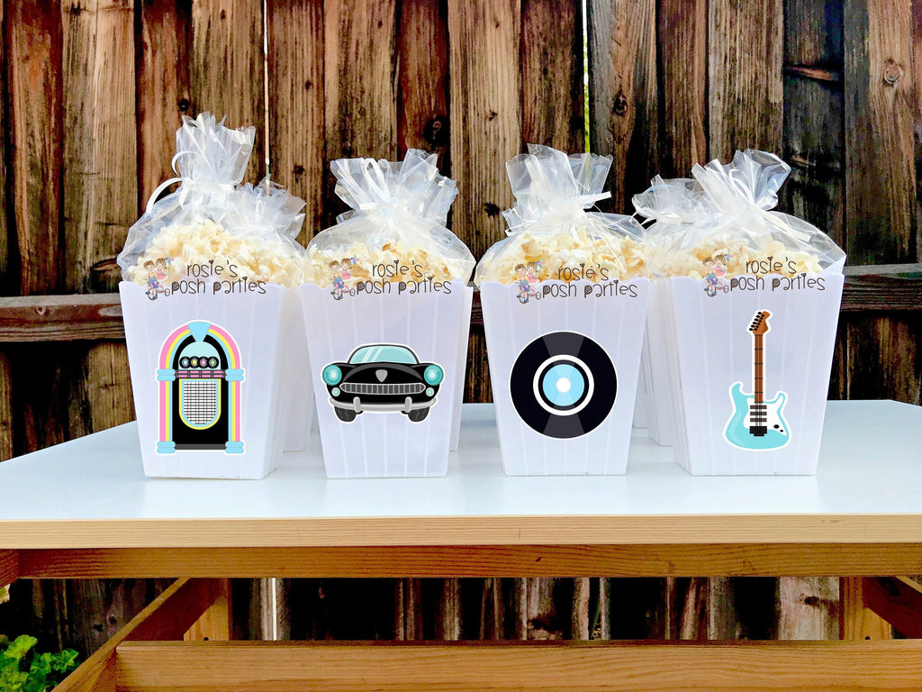 50s birthday theme popcorn favor bins