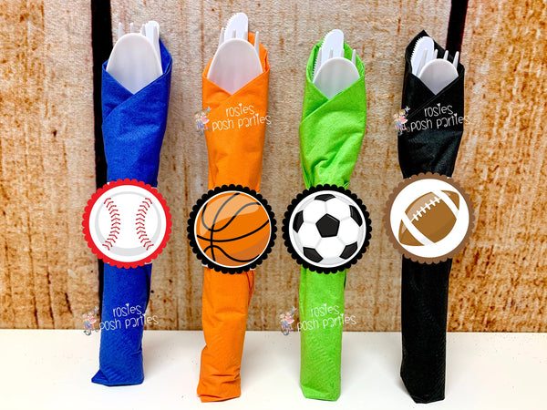 Sports Theme | Sports Napkin Wrapped Utensil Favor | Soccer Baseball Football Basketball Theme | Sports Party Favor | Sports Decor SET OF 12