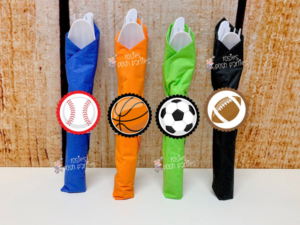 Sports Theme | Sports Napkin Wrapped Utensil Favor | Soccer Baseball Football Basketball Theme | Sports Party Favor | Sports Decor SET OF 12