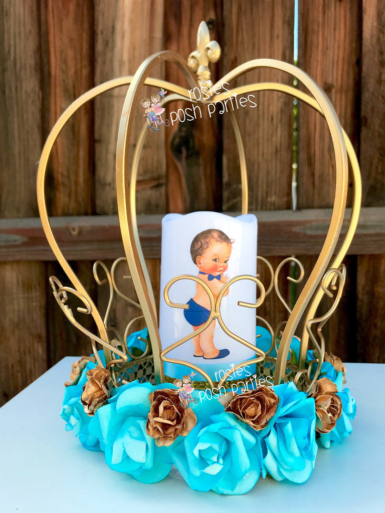 Little Prince Centerpiece Blue and Gold Birthday party table centerpiece  decoration Royal Baby Shower Birthday Gold Blue Gold crown Piece