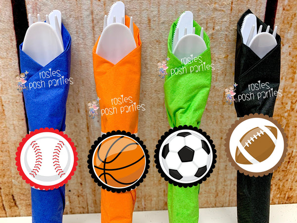 Sports Theme | Sports Napkin Wrapped Utensil Favor | Soccer Baseball Football Basketball Theme | Sports Party Favor | Sports Decor SET OF 12