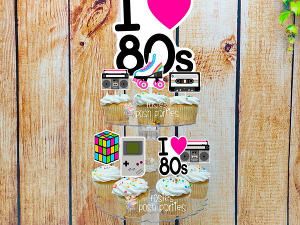 80s birthday bash theme cupcake stand with toppers