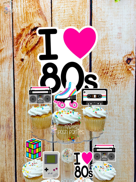 80s birthday bash theme cupcake stand with toppers