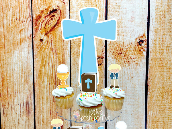 First Holy Communion Theme Cupcake Toppers and stand