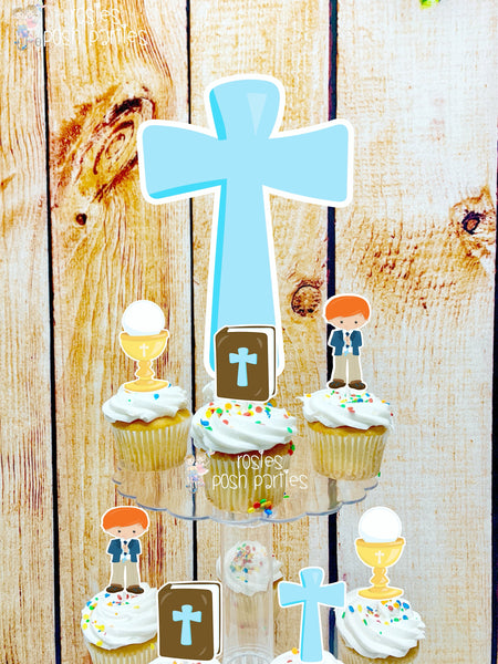 First Communion Theme | Red Hair Boy First Communion | First Holy Communion Party Decoration | Cupcake Stand | Cupcake Stand Topper Favors