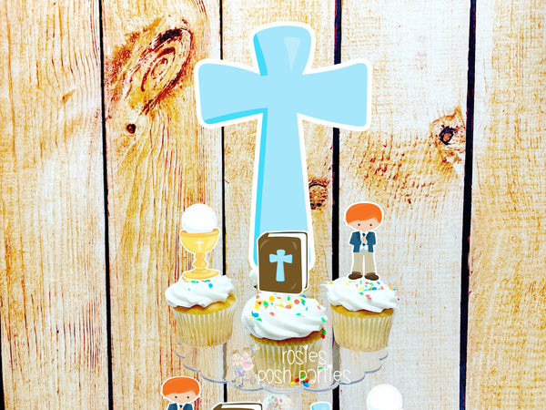 First Communion Theme | Red Hair Boy First Communion | First Holy Communion Party Decoration | Cupcake Stand | Cupcake Stand Topper Favors