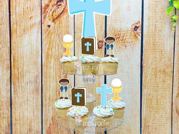 First Communion Theme | African Am Boy First Communion | First Holy Communion Party Decoration | Cupcake Stand | Cupcake Stand Topper Favors