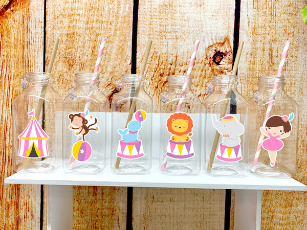 Pink Circus Theme | Pink Carnival Theme | Carnival Circus Baby Shower Birthday | Party Favor Milk Jug Bottle | Circus Theme Bottle SET OF 12
