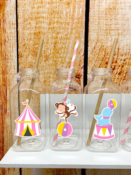 Pink Circus Theme | Pink Carnival Theme | Carnival Circus Baby Shower Birthday | Party Favor Milk Jug Bottle | Circus Theme Bottle SET OF 12