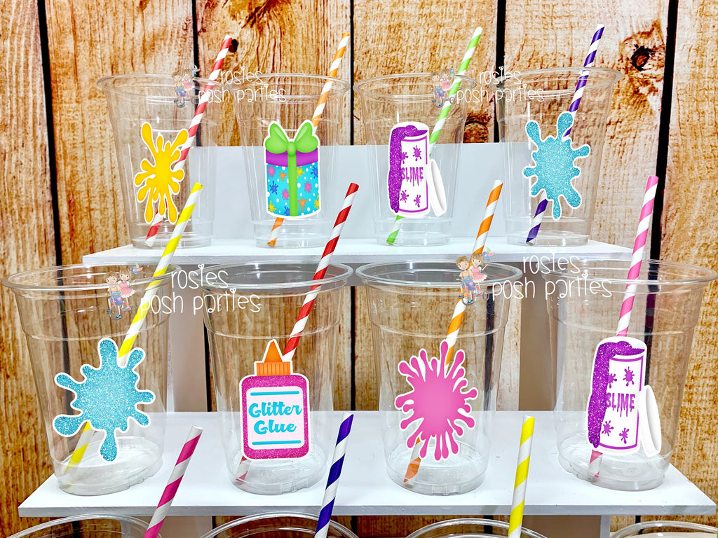Slime Birthday Bash Theme | Slime Cups and Straws Favors | Slime Theme Decoration | Slime Party Cup Favor | Glitter Slime Glue Theme VARIETY
