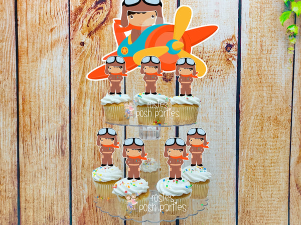 Aviator Pilot Birthday Theme | Pilot Baby Shower Theme | Cupcake Stand Toppers | Vintage Pilot Cupcake Stand | Airplane Toppers SET OF 12