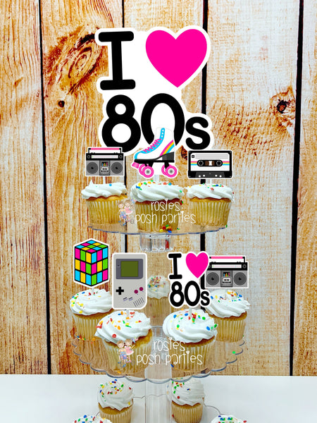 80s birthday bash theme cupcake stand with toppers