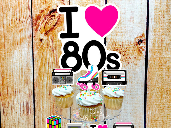80s birthday bash theme cupcake stand with toppers