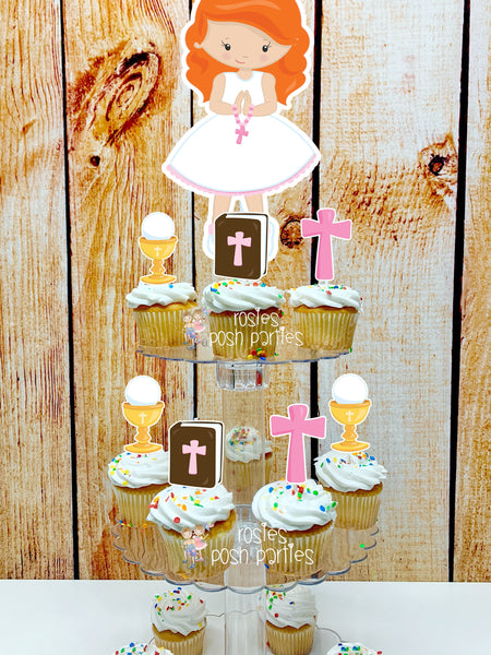 First Communion Theme | Red Hair Girl First Communion | First Holy Communion Party Decoration | Cupcake Stand | Cupcake Stand Topper Favors