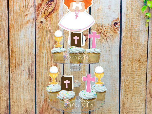 First Communion Theme | Red Hair Girl First Communion | First Holy Communion Party Decoration | Cupcake Stand | Cupcake Stand Topper Favors