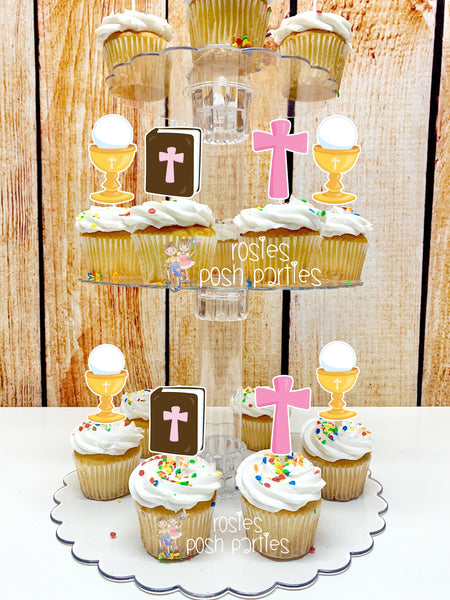 First Communion Theme | Red Hair Girl First Communion | First Holy Communion Party Decoration | Cupcake Stand | Cupcake Stand Topper Favors