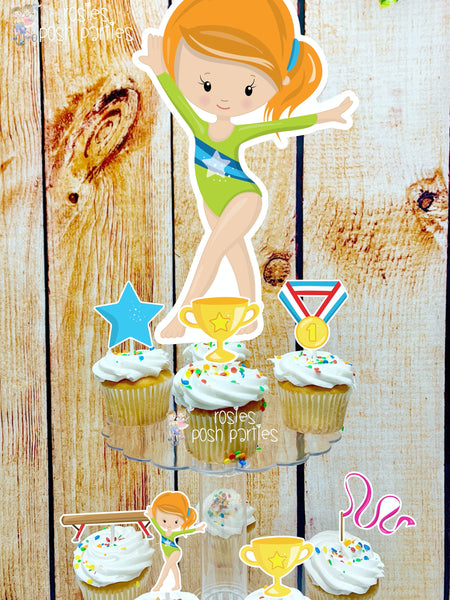 Gymnast Acrobatics Red Girl | Red Head Hair Gymnast | Gymnast Birthday Theme | Cupcake Stand | Cupcake Toppers | Acrobatics Theme