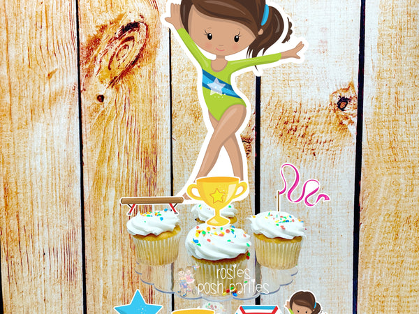 Gymnast Acrobatics Brown Girl | Brown Hair Gymnast | Gymnast Birthday Theme | Cupcake Stand | Cupcake Toppers | Acrobatics Theme