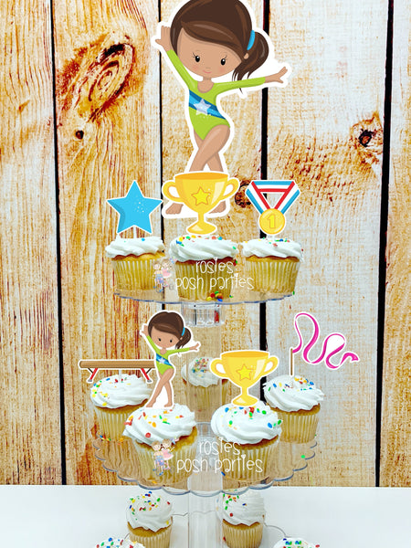 Gymnast Acrobatics Brown Girl | Brown Hair Gymnast | Gymnast Birthday Theme | Cupcake Stand | Cupcake Toppers | Acrobatics Theme