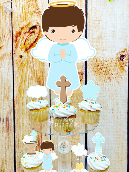 Baptism Brown Theme | First Holy Sacrament | Cupcake Stand | Cupcake Toppers | Religious Baptism | Party Favors | Acrylic Stand Toppers