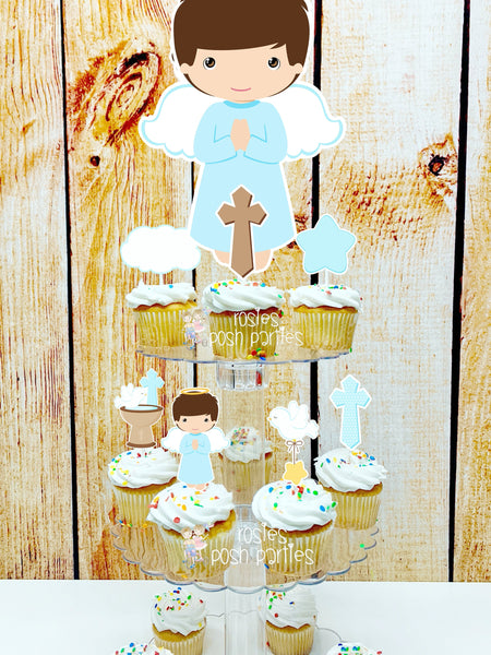 Baptism Brown Theme | First Holy Sacrament | Cupcake Stand | Cupcake Toppers | Religious Baptism | Party Favors | Acrylic Stand Toppers