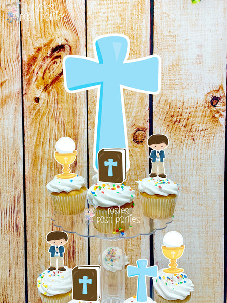 First Communion Theme | Brown Boy First Communion | First Holy Communion Party Decoration | Cupcake Stand | Cupcake Stand Topper Favors