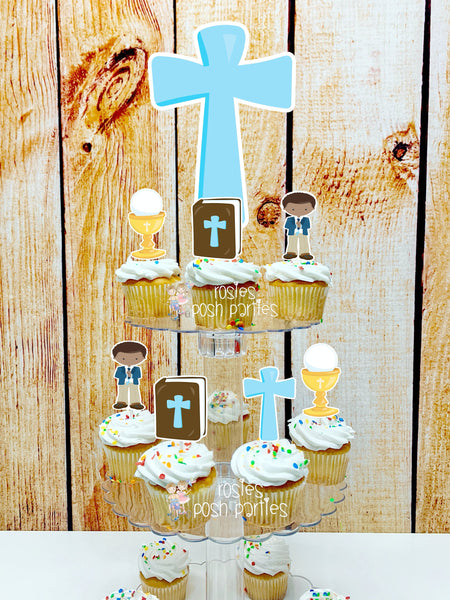 First Communion Theme | African Am Boy First Communion | First Holy Communion Party Decoration | Cupcake Stand | Cupcake Stand Topper Favors