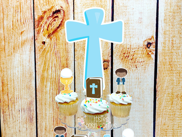 First Communion Theme | African Am Boy First Communion | First Holy Communion Party Decoration | Cupcake Stand | Cupcake Stand Topper Favors