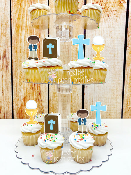 First Communion Theme | African Am Boy First Communion | First Holy Communion Party Decoration | Cupcake Stand | Cupcake Stand Topper Favors