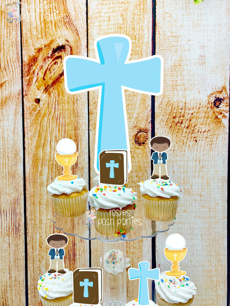 First Communion Theme | African Am Boy First Communion | First Holy Communion Party Decoration | Cupcake Stand | Cupcake Stand Topper Favors