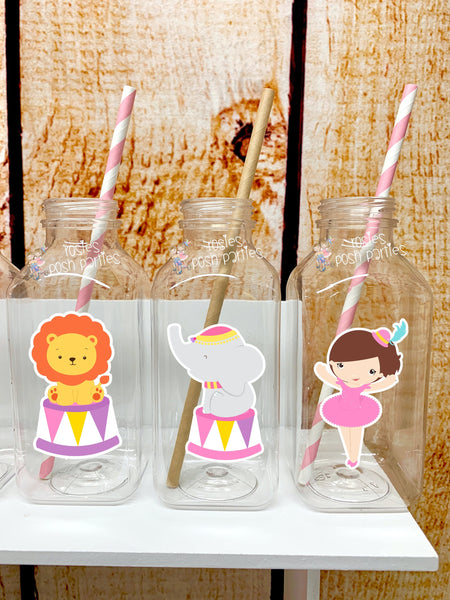 Pink Circus Theme | Pink Carnival Theme | Carnival Circus Baby Shower Birthday | Party Favor Milk Jug Bottle | Circus Theme Bottle SET OF 12