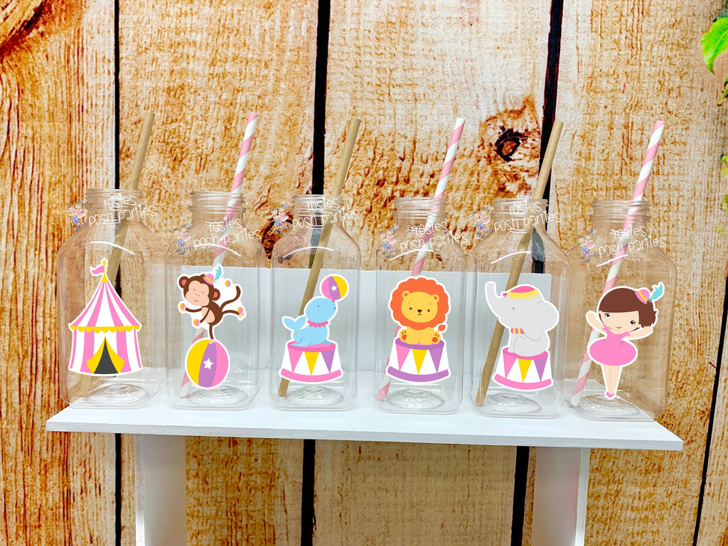 Pink Circus Theme | Pink Carnival Theme | Carnival Circus Baby Shower Birthday | Party Favor Milk Jug Bottle | Circus Theme Bottle SET OF 12