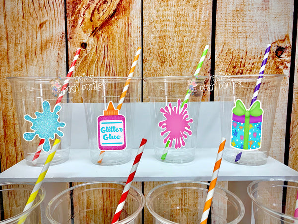 Slime Birthday Bash Theme | Slime Cups and Straws Favors | Slime Theme Decoration | Slime Party Cup Favor | Glitter Slime Glue Theme VARIETY