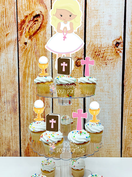 First Communion Theme | Blonde Hair Girl First Communion | First Holy Communion Party Decoration | Cupcake Stand | Cupcake Stand Favors