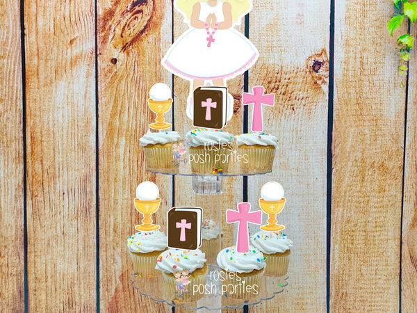 First Communion Theme | Blonde Hair Girl First Communion | First Holy Communion Party Decoration | Cupcake Stand | Cupcake Stand Favors