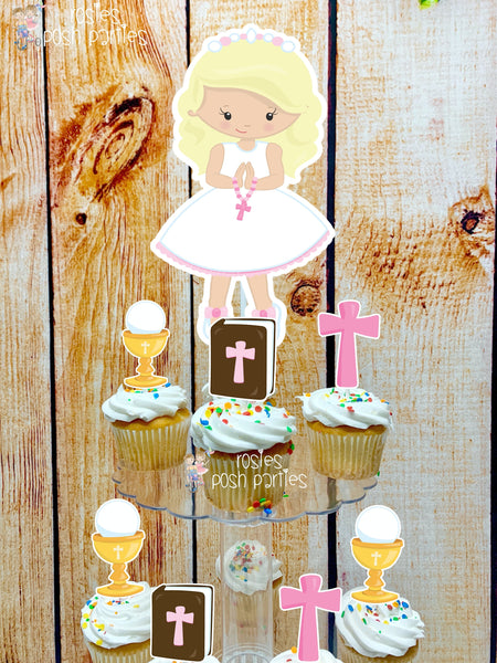 First Communion Theme | Blonde Hair Girl First Communion | First Holy Communion Party Decoration | Cupcake Stand | Cupcake Stand Favors