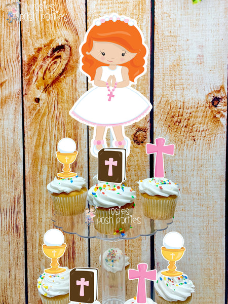 First Communion Theme | Brown Girl First Communion | First Holy Communion Party Decoration | Cupcake Stand | Cupcake Stand Topper Favors