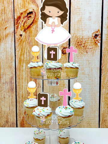 First Communion Theme | Brown Girl First Communion | First Holy Communion Party Decoration | Cupcake Stand | Cupcake Stand Topper Favors