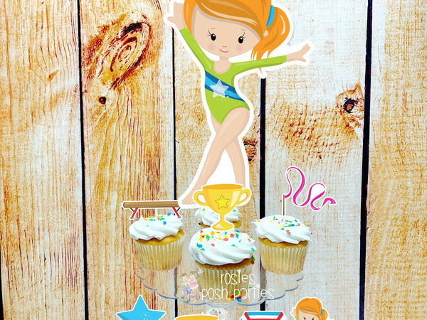 Gymnast Acrobatics Red Girl | Red Head Hair Gymnast | Gymnast Birthday Theme | Cupcake Stand | Cupcake Toppers | Acrobatics Theme