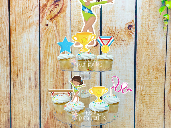 Gymnast Acrobatics Brown Girl | Brown Hair Gymnast | Gymnast Birthday Theme | Cupcake Stand | Cupcake Toppers | Acrobatics Theme