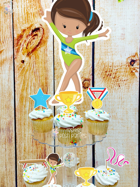 Gymnast Acrobatics Brown Girl | Brown Hair Gymnast | Gymnast Birthday Theme | Cupcake Stand | Cupcake Toppers | Acrobatics Theme