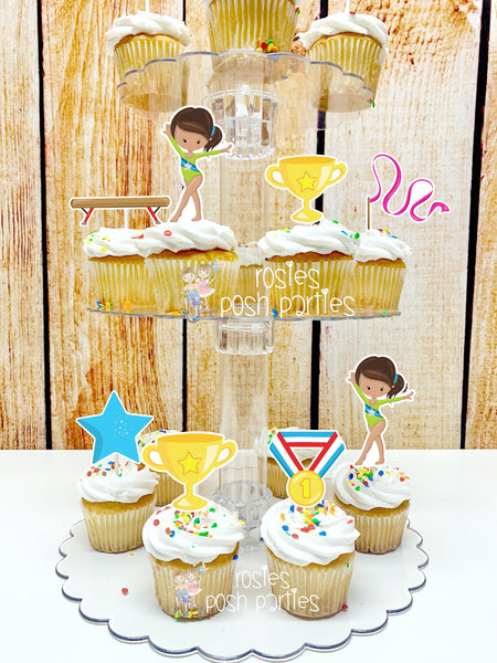 Gymnast Acrobatics Brown Girl | Brown Hair Gymnast | Gymnast Birthday Theme | Cupcake Stand | Cupcake Toppers | Acrobatics Theme