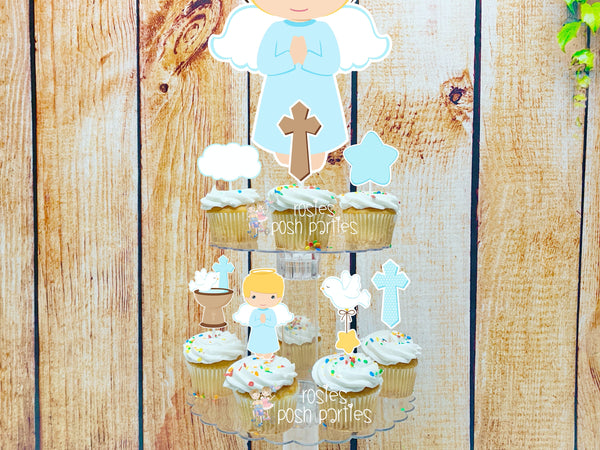 Baptism Blonde Theme | First Holy Sacrament | Cupcake Stand | Cupcake Toppers | Religious Baptism | Party Favors | Acrylic Stand Toppers