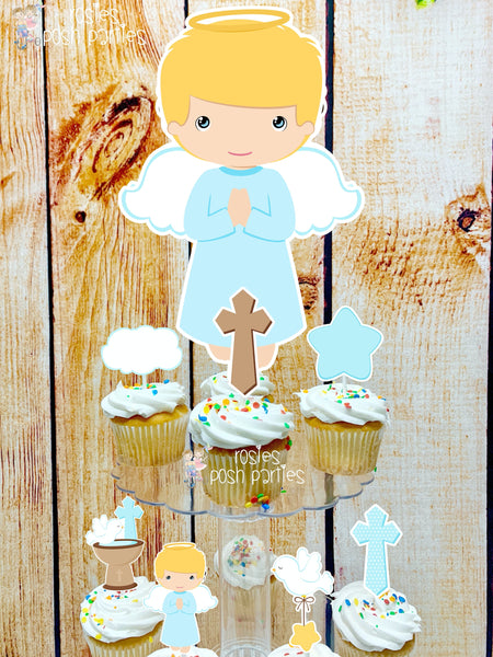 Baptism Blonde Theme | First Holy Sacrament | Cupcake Stand | Cupcake Toppers | Religious Baptism | Party Favors | Acrylic Stand Toppers