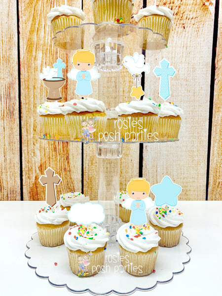 Baptism Blonde Theme | First Holy Sacrament | Cupcake Stand | Cupcake Toppers | Religious Baptism | Party Favors | Acrylic Stand Toppers